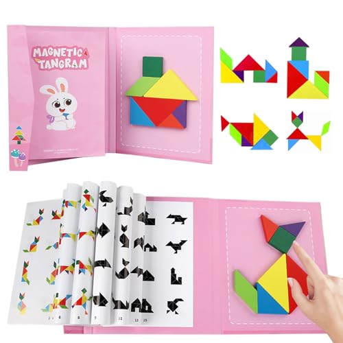 CUVZORA Tangram Magnétique, Jeux d'apprentissage pour Enfants Reisespiele für unterwegs, Jeu magnétique avec 96 Motifs, Puzzle magnétique en Bois pour...