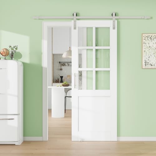 Image of 32 inch x 80 inch Presembled 2-Lite Molded Panel Barn Door with 72 inch Track Kit, Solid MDF Sliding Barn Door for Closet Kitchen Bedroom Pantry, Excellent Sound & Thermal Insulation, Nickel-Plated Hardware Kit