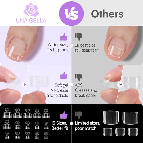 Image of UNA GELLA Toe Nail Tips Squoval, 15 Sizes Half Cover Soft Gel Toenail Tips Square 216pcs Pre-etched Toe Nail Press Ons Clear Acrylic Fake Toe Nails Tips for Nail Extensions DIY Salon for Women