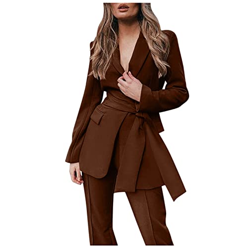Pantalones Cortas Mujer Conjunto de Dos Piezas de pantalón Largo con Cuello Vuelto de Cintura Alta para Mujer, Informal, Liso, de Manga Larga, con Enterizos Mujer Deportivos Cover