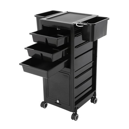DOPBENT Carrito de peluquería con ruedas para salón de belleza, con 6 cajones y 2 cestas de almacenamiento, color negro