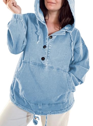 Women's Denim Hoodie Button Down Pullover Jacket Jean Sweatshirt Tops3