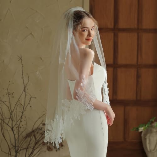 Voile de mariée mi-long en dentelle blanc cassé 100x150 cm