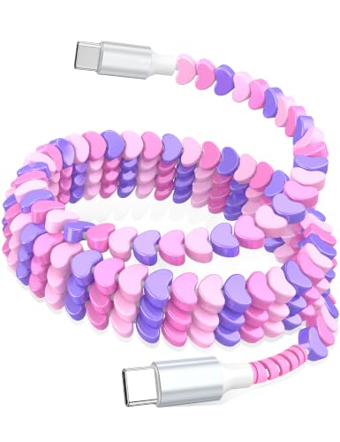 Image of USB C to USB C Cable 6FT,60W Fast Charging Beaded Charger Cord for iPhone 17 16 Pro Max 15 /iPad Pro 11th Air for Samsung S26 S25 S24 A16 A17 /Android Phone Charger Cute Girls Women,PurplePink-Hearts