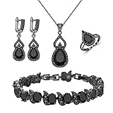 LMXXVJ Black Stone Jewelry Set for Women Girl，Black Gun Gold Plated Necklace Adjustable Ring Earrin