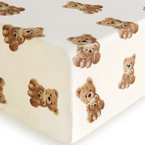 Image of LifeTree Crib Sheets for Baby, Muslin Fitted Crib Sheets Boys Girls - Toddler Bed Sheet Fits Standard Crib, 70% Viscose from Bamboo and 30% Cotton, Bear Pattern, 28in x 52in