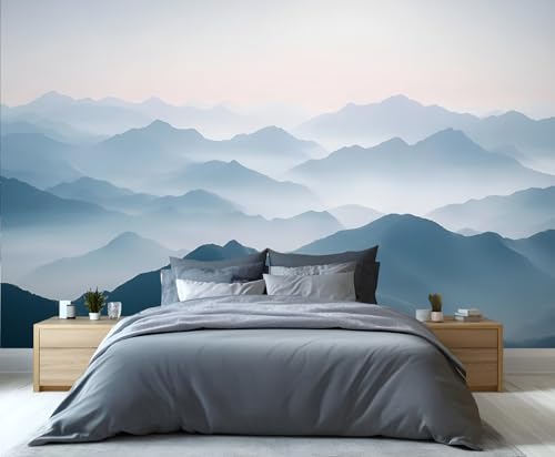 Misty Mountain Wall Mural, Serene Blue and Grey Gradient Landscape