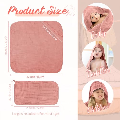 Image of VitalCozy 12 Pcs Baby Muslin Hooded Bath Towels and Washcloths, Muslin Hooded Baby Towels Absorbent Blankets for Gift Newborn Infant Shower (Pink Beige Series)