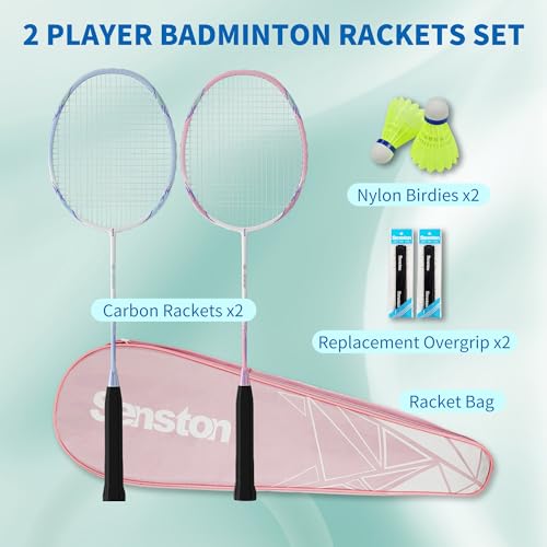 Senston Badminton Rackets Set of 2 Including Badminton Bag, 2 Badminton Shuttlecock, 2 Racquet Grip - Badminton Racket Set for Beginners (Pink+Blue)