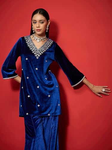 Image of Women Velvet Emb V-Neck Short Kurta With Palazzos