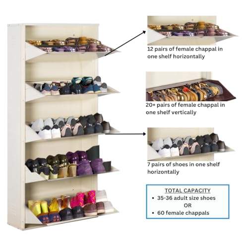 Image of DELITE KOM 29 inch Wide, 10 Shelf Metal Shoe Rack Wall Mounted for Home with Central Lock | Holds Upto 36 Shoes or 60 Slippers Pair | Double Decker, 1Yr Warranty, (67x29x8,Ivory), DIY, Space Saver