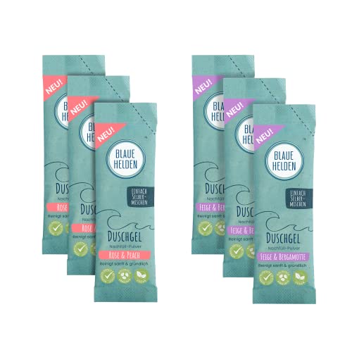 Blaue Helden 6er Duschgel Nachfüll-Pulver Mix für 1,8l Duschgel (3x Rose & Peach, 3x Feige & Bergamotte) | Vegan | Biologisch abbaubar| Ohne Mikroplastik