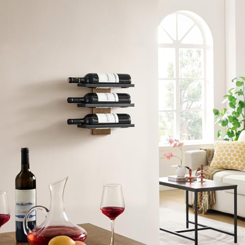 Image of Hoctieon 3-Tier Wall Mount Wine Rack, Wall Mounted Wine Bottle Racks for Display and Storage, Hanging Bottle Holder, for Living Room, Dining Room, Bar, Wine Cellar, Rustic Brown