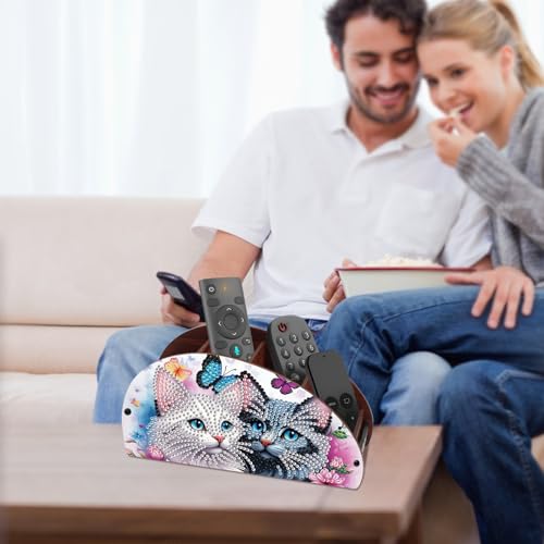 Image of DIY Diamond Painting Storage Box Couple Cats, Handmade 5D Diamond Art Case Multi-Compartment Wooden Desktop Organizer for TV AC Remotes Makeup Brushes Pens Tabletop Holder, Valentine's Day Gift