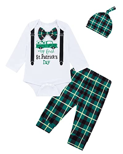 Yruiz Baby Boys My First St. Patrick's Day Outfit Infant Clover Bodysuit Lucky Charm Pants With Hat (Green, 0-3 Months)