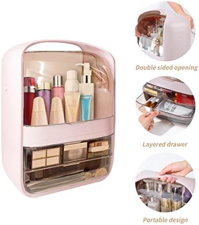 WeeGoo Makeup Organiser Storage, 3-Layer Desktop Cosmetic Storage Box, Portable Skincare Organizers, Make Up Storage with Drawers, Dust-Proof Waterproof,Pink