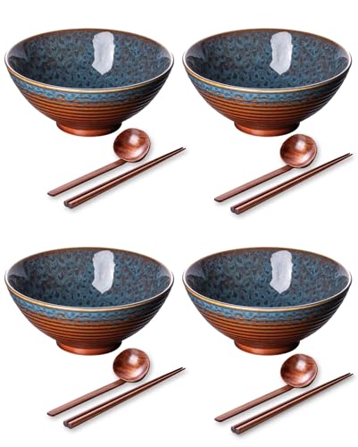 Large Japanese Ramen Bowl Set Of 4, Material Safety Ceramic Ramen Bowls With Matching Chopsticks And Spoons, 8 Inch 40Oz Pho Bowls Ramen Noodle Bowl For Asian Udon Soup Salad Cereal(Peacock Tail)
