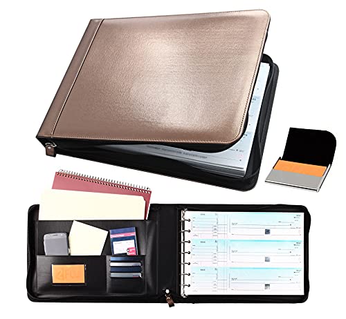 2Fold Zippered Business Check Binder 7 Ring for 3-Up Business Size Checks with Extra Business Card Case - PU Leather Deluxe 7 Ring Checkbook Binder Portfolio with 600 Check Capacity and Storage