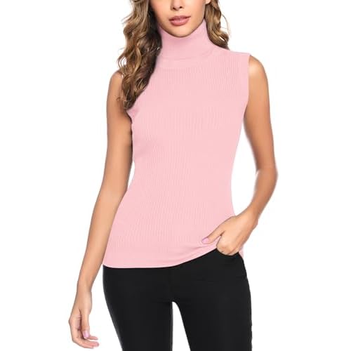 Totatuit Women's Spring Sleeveless Turtlenecks Tops Mock Neck Ribbed Solid Pullover Tank Pink Small
