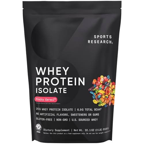 Image of Sports Research 100% Whey Protein Isolate Fruity Cereal - U.S. Sourced Protein Powder w /BCAAs - No Artificial Flavors or Gums- Informed Sport Tested . Gluten Free - 2lb Bulk Bag, 25 Servings