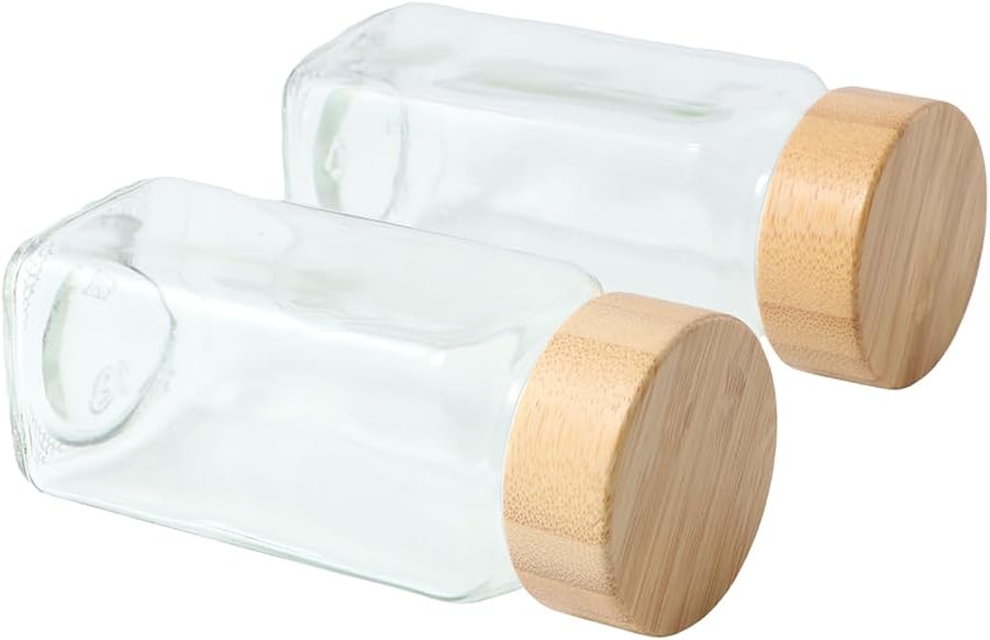 Pokinge 5 Pcs Glass Spice Jars with Wooden Lid & Cap, 4oz/120ml Clear Seasoning Container Square Empty Airtight Condiment Storage Bottles for Kitchen