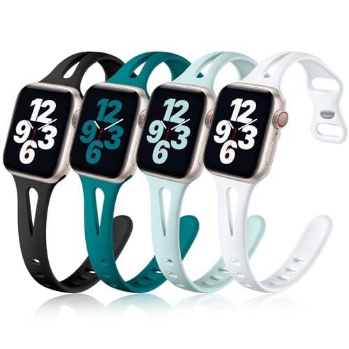 Image of Getino Slim Bands Compatible with Apple Watch 42mm 44mm 45mm 46mm 49mm Band iWatch SE Ultra Series 11 10 9 8 7 6 5 4 3 2 1, Soft Silicone Sport iWatch Bands for Women Men, Black /White /Dark Green /Cyan