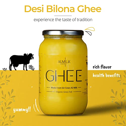 Image of AUMILK Gir Cow A2 Organic Ghee 250ml (Pack of 2) - Bilona Method, A2 Gir Cow Desi Ghee | Curd Churned Gir Gai Ghee | Natural & Premium Makhan Based | Glass Jar