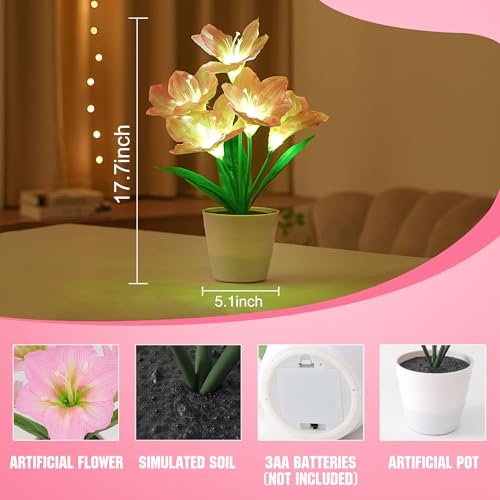 Image of Artificial Pink Lily Flower Lamp, LED Light for Bedroom Bar Coffee Shop Wedding Decor, Gifts for Women Mom Daughter Grandma Girlfriend Coworker Friend Birthday Christmas Valentines Mothers Day