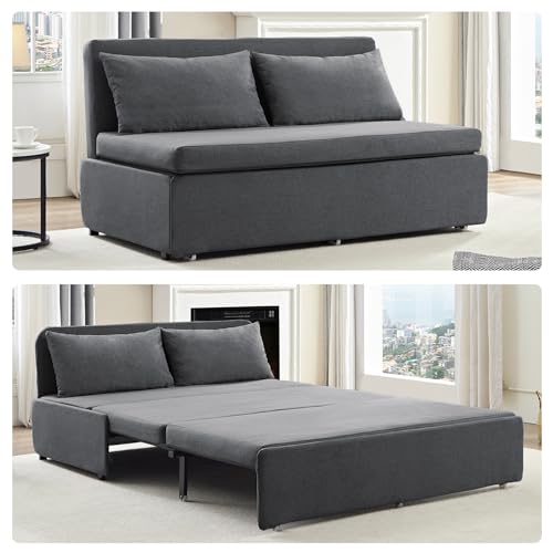 Image of BALUS 64 inch W Queen Size Sleeper Couch Bed Pull Out Sofa with Pullout Beds, 2 in 1 Convertible Linen Single Sleepers Sofas Chair with Foldable Mattress and Pillows for Small Space Apartment, Dark Grey