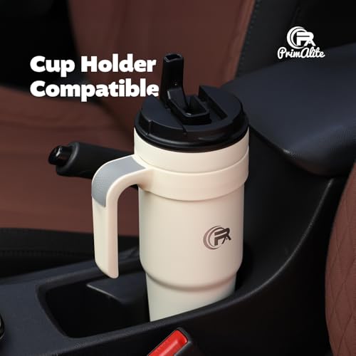 Image of Primalite 1200ML Stainless Steel Insulated Tumbler with Handle | 2-in-1 Straw & Flip Lid | 40oz Travel Mug Bottle for Hot, Cold Drink | Fits in Car CupHolder for Water, Iced Tea, Coffee- Creamy Beige