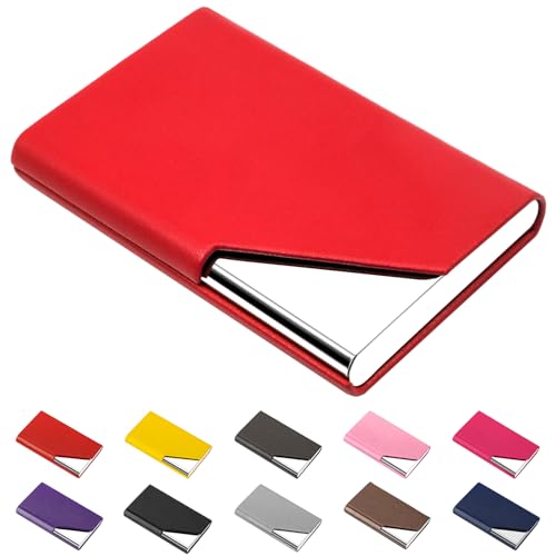 Image of Padike Business Card Holder, PU Leather & Stainless Steel Multi Card Case for Men & Women, Name Card Holder, Credit Card Wallet, ID Case /Holder with Magnetic Closure (Red)