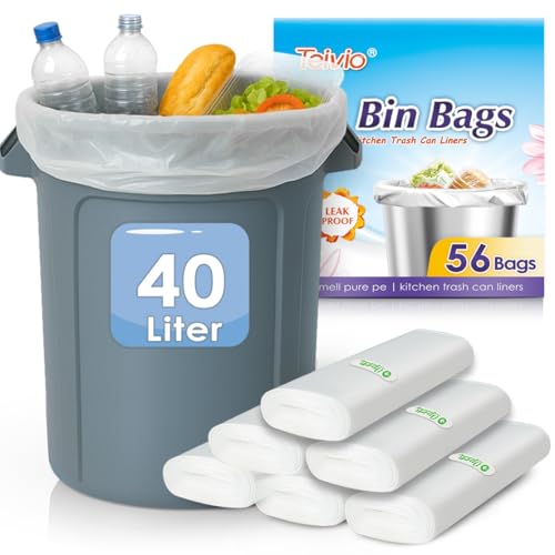 Teivio 40 Liter Large Bin Bags 56 Counts Medium Duty 10 Gallon Waste Bin Liners Thick Plastic Waste Bags for Bathroom Kitchen Office Fit 35-40L Rubbish Bin Clear
