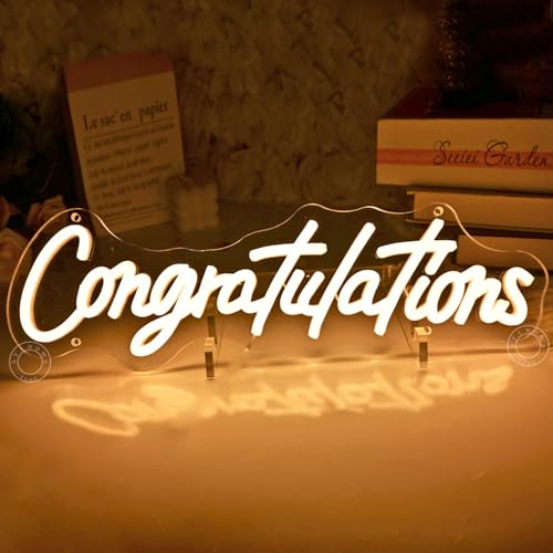 Image of SYLHOME Congratulations Led Neon Light Sign Gratuation Celebrate Wall Sign Decor Backdrop Congrats Grad Prom Party Wedding Birthday Banner Decor Gifts 16.14 inch X 4.92 inch USB Warm White