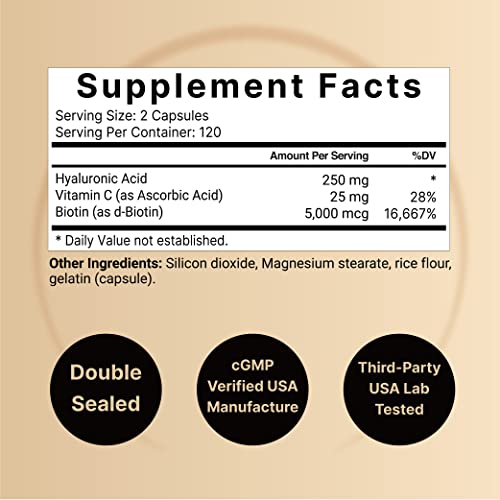 Naturebell 2 Pack Plant Based Hyaluronic Acid Supplements 250Mg With 25Mg Vitamin C & Biotin 5000Mcg, 480 Total Capsules | Essential For Hair Growth, Joint Support, & Hydrating Skin | Non-Gmo #TOP1