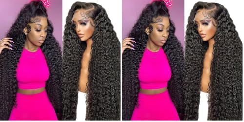Image of JTMMP 13x6 Deep Wave Lace Front Wigs Human Hair 200% Density 26 Inch Curly Human Hair Wig for Women Natural Black HD Transparent Lace Glueless Frontal Wigs Human Hair Pre Plucked (Pack of 2)