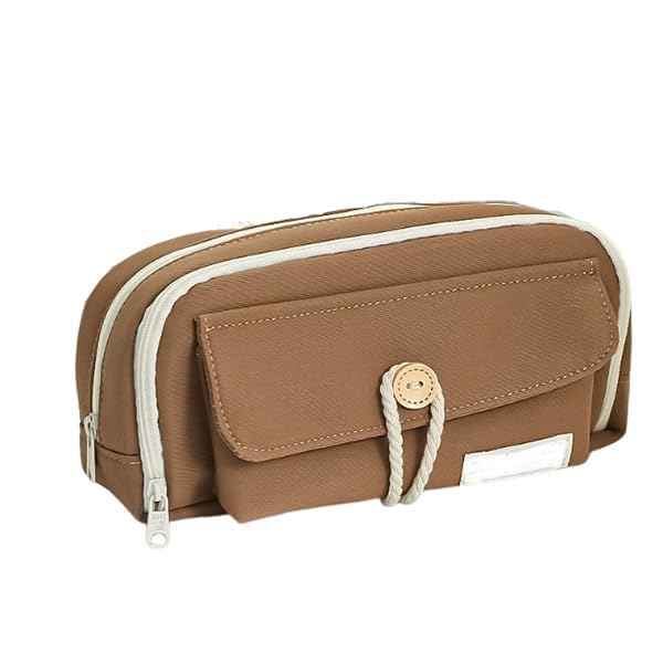 Image of Canvas School Bag Pencil Case, 3 Layer 6 Compartment Large Capacity, Aesthetic Pencil Pouch for Stationary, Cute Stationery for Kids, Pencil Case for Girls & Boys (Our Timer Coffee)