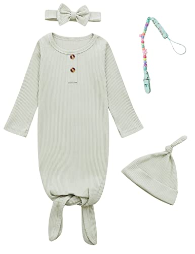 Image of MoryGooder Newborn Cotton Nightgowns Neutral Baby Knotted Sleeper Baby Coming Home Outfit