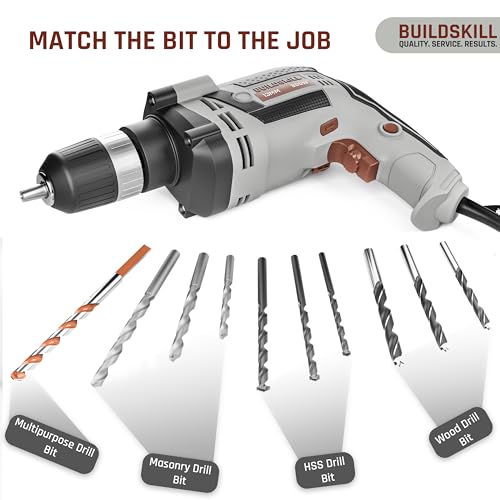 Image of BUILDSKILL 136 PCs Impact 800W Corded Electric Drill Toolkit | 3300 RPM | 48000 Impact Rate | Copper Motor | 13mm Keyless Chuck Drill Machine for Wall Drilling | Forward-Reverse | Professional & DIY