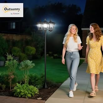 Outsunny 72" Solar Lamp Post, Triple-Head Street Light, All-Weather Waterproof Stainless Steel, Vintage Style for Garden, Lawn, Pathway, Driveway, Black
