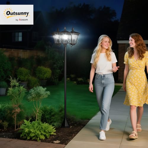 Outsunny 72" Solar Lamp Post, Triple-Head Street Light, All-Weather Waterproof Stainless Steel, Vintage Style for Garden, Lawn, Pathway, Driveway, Black