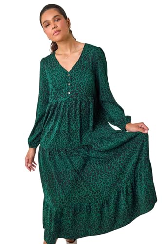 Roman Originals Spot Button Detail Smock Midi Dress for Women UK - Ladies Everyday Autumn Winter V-Neckline Comfy Soft Evening Vacation Work Party Night Out - Dark Green - Size 10