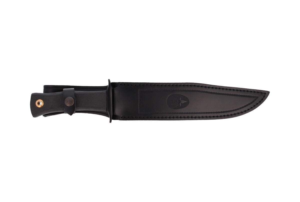 Muela Cuchillo Mirage MIRAGE-23 hoja de acero ACX-380 de 23 cm y empuñadura de goma negra para Caza, Pesca, Supervivencia y Bushcraft Realizado en Ciudad Real + Portabotellas de regalo