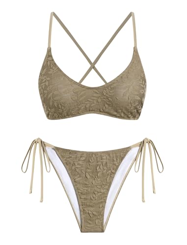 ZAFUL Women's Bralette Bikini Sets Whip Stitch Texture Floral Color Block Swimsuits 2 Pieces Criss Tie Back Bathing Suit(2-Khaki, S)