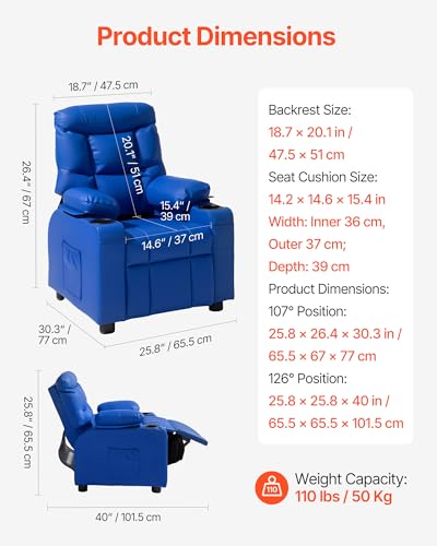 Image of VEVOR Kids Reclining Chair, Toddler Recliner with 2 Cup Holders and 4 Pockets, 107 to 126 Adjustable Back, Easy-to-Clean PU Leather Recliner Couch with Footrest, for Boys, Girls & Children (Blue)
