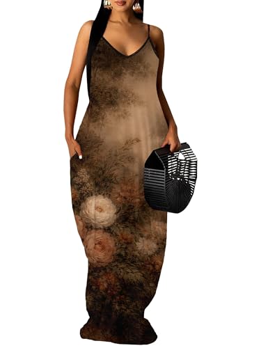 Image of Women's Summer Maxi Dress Spaghetti Strap Floral Boho Beach Long Sundress with Pockets