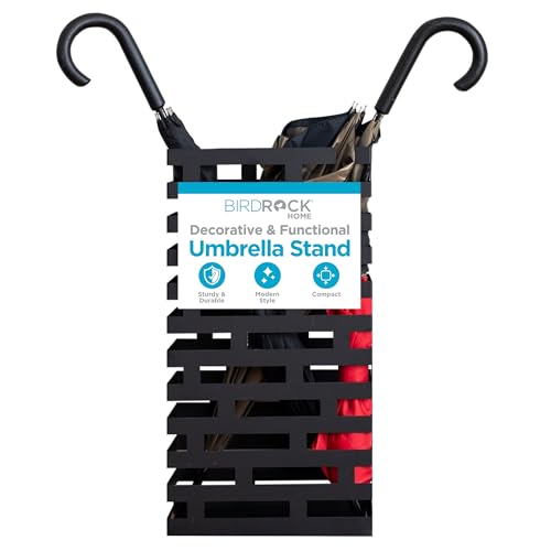BIRDROCK HOME Decorative Umbrella Stand with Removable Water Tray - Large Freestanding Rack and Cane Walking Stick Organizer - Metal Umbrella Holder for Entryway & Indoor Use - Black, Striped