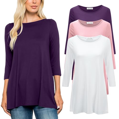Free to Live 3 Pack 3/4 Sleeve Tunic Tops for Women Casual Long Shirts Loose Fit Dressy to Wear with Leggings Travel Clothes