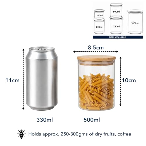 Image of Airtight Glass Storage Jar with Bamboo Lid, 500ml | Borosilicate Multipurpose Kitchen Container for Coffee, Tea, Sugar, Spices, Dry Fruits & Snacks | Pantry Organizer (Pack of 2)