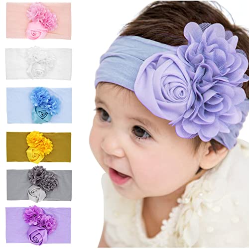 6 PCS Baby Headbands Soft Nylon Hairbands with Bows, Super Stretchy Soft Knot Baby Girl Headbands with Chiffon Rose Flower Decorations