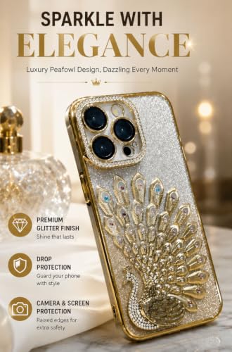 Image of mobistyle Designed for iPhone 16 Pro,3D Diamond Luxury Electroplate Glitter Peacock Tail Bling Design Camera Protection Shockproof Phone Back Cover Case for (Gold, iPhone 16 Pro)